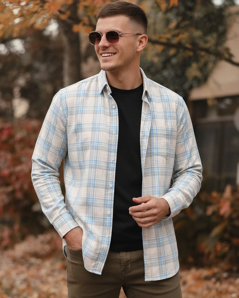 بيواكوف Men's Beige & Blue Checked Cotton Linen Shirt